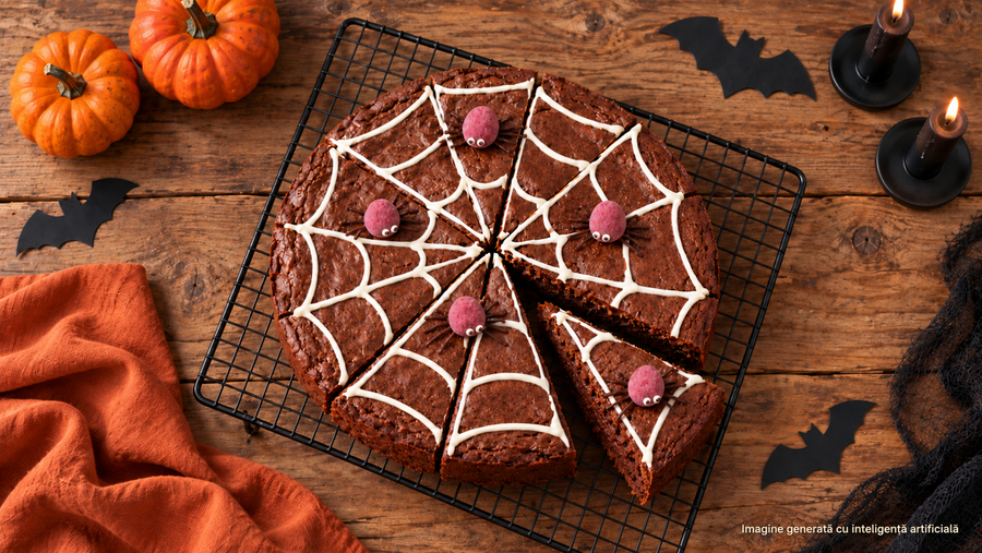 Halloweenské brownies s pavoučí sítí a čokoládovými malinami