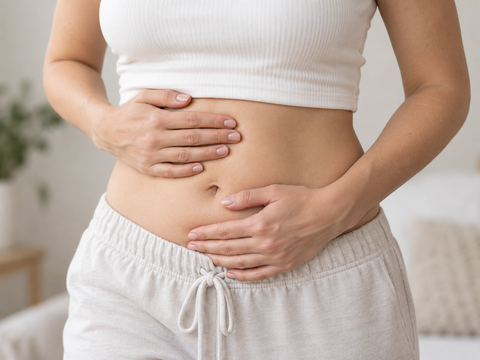 Femeie cu disconfort abdominal și balonare după consumul de dulciuri fără zahăr adăugat