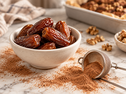 Bol cu curmale întregi și pudră de curmale pe blat, alături de ingrediente pentru deserturi de casă
